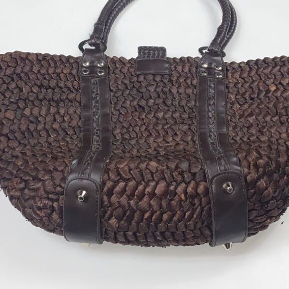 OVERSIZED WOVEN SHOULDER PURSE VINTAGE 100% STRAW BROWN WOMAN BAG - Picture 5 of 15